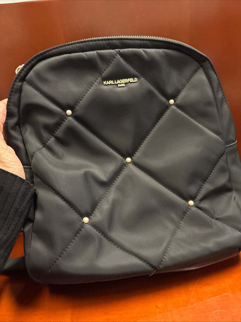 Karl Lagerfeld Paris Black Quilted Nylon Pearl Embellished Backpack